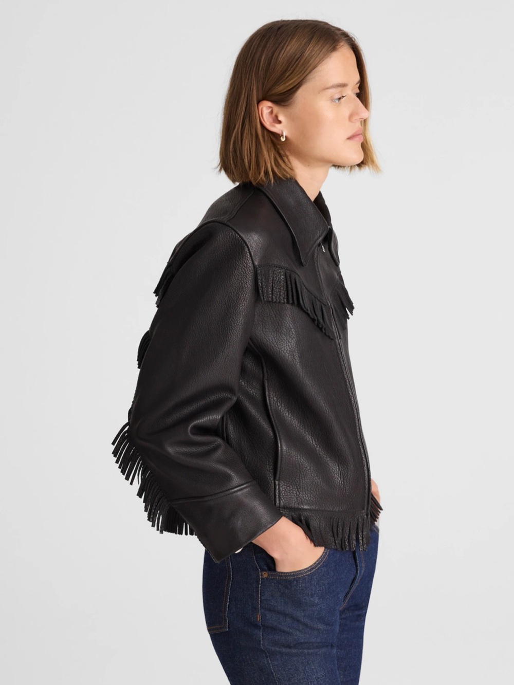 Madewell x Alexa Chung Black Leather Fringe Zip Jacket